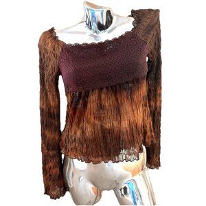 Y2K FANG Babydoll Smocked Top Women's M Brown Lace Trim Whimsigoth Dark Fairy